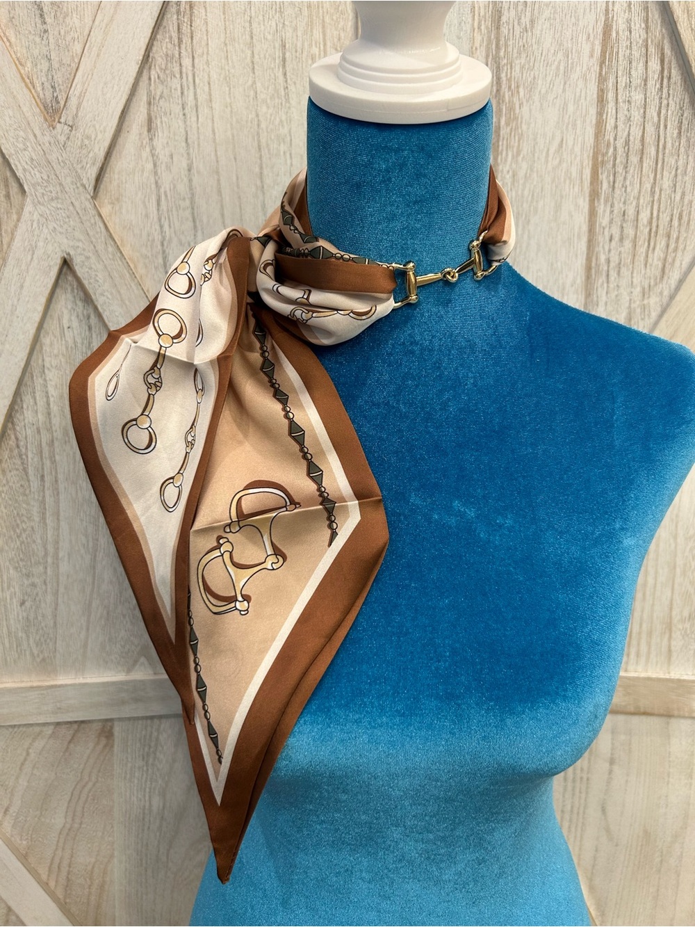 Silky Brown and Cream Chain Print Reversible Neck Scarf with Horse Bit Charm